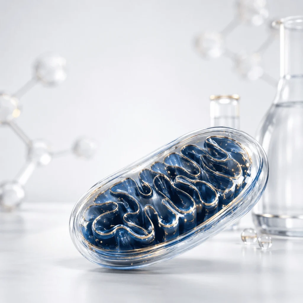 Detailed mitochondrion surrounded by molecular structures