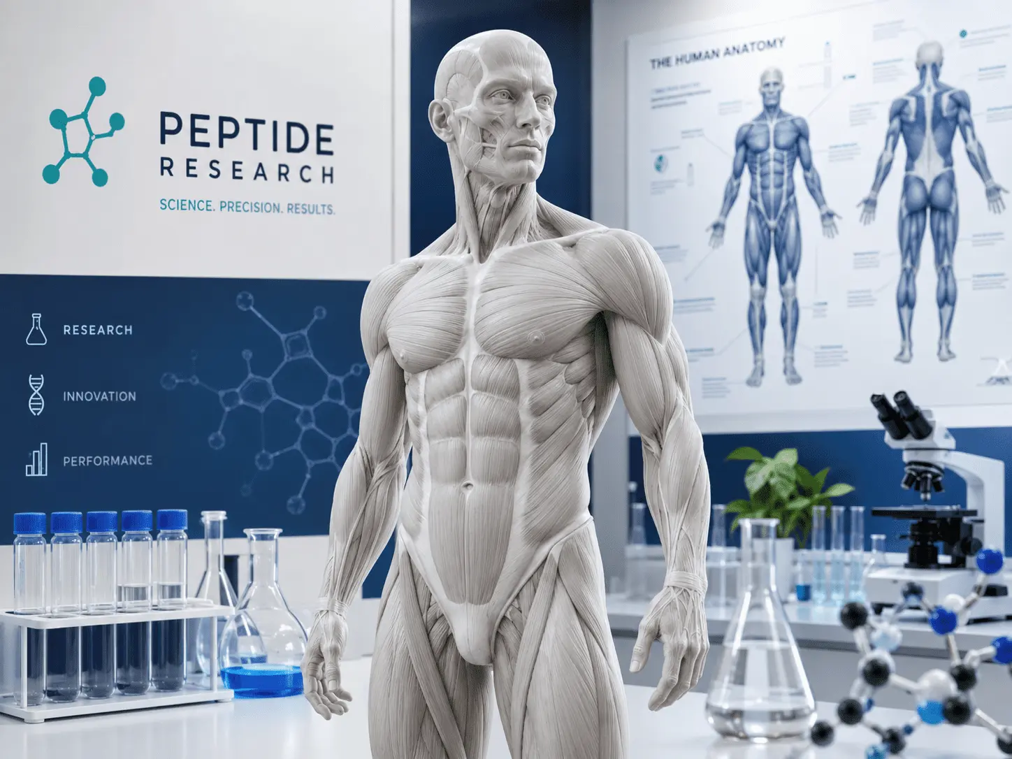 Muscular male anatomy model displayed in a scientific laboratory