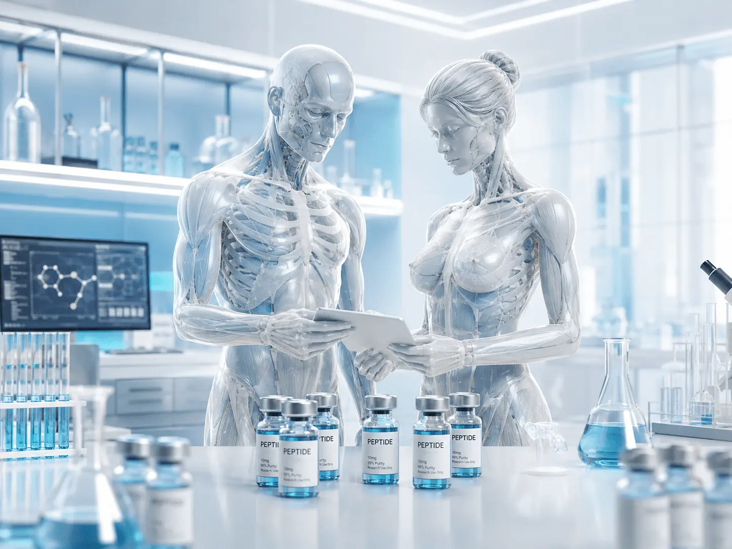 Human anatomical model beside laboratory glassware and research equipment