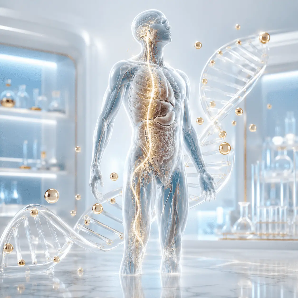 Human anatomy model surrounded by laboratory equipment and peptide research displays