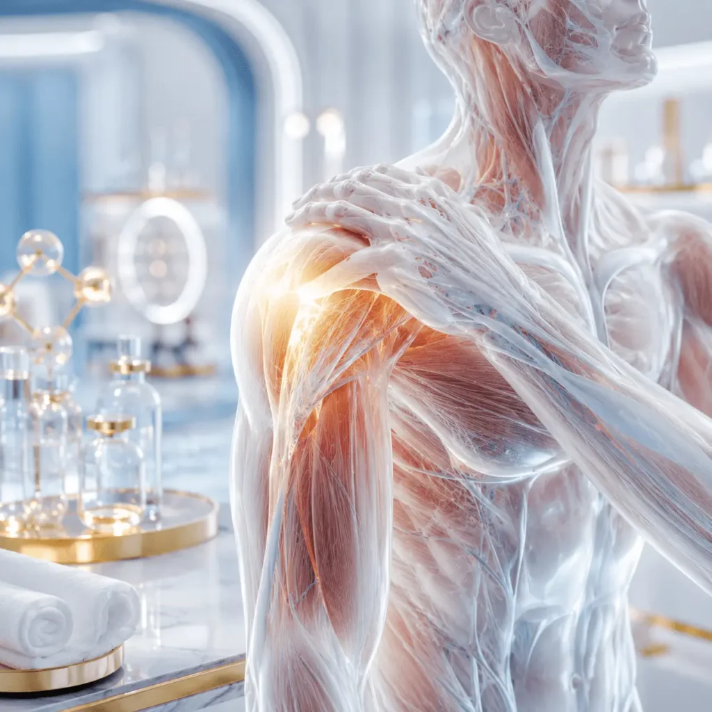 Male upper-body anatomy with highlighted shoulder and muscle structures