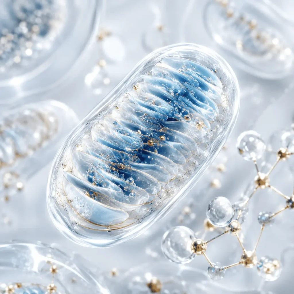 Detailed mitochondrion surrounded by molecular structures
