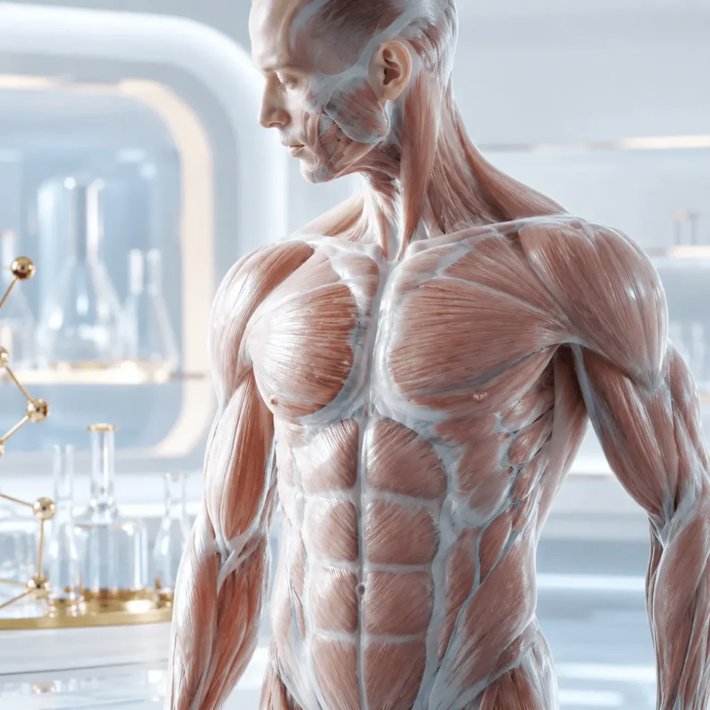 Muscular male anatomy model displayed in a scientific laboratory