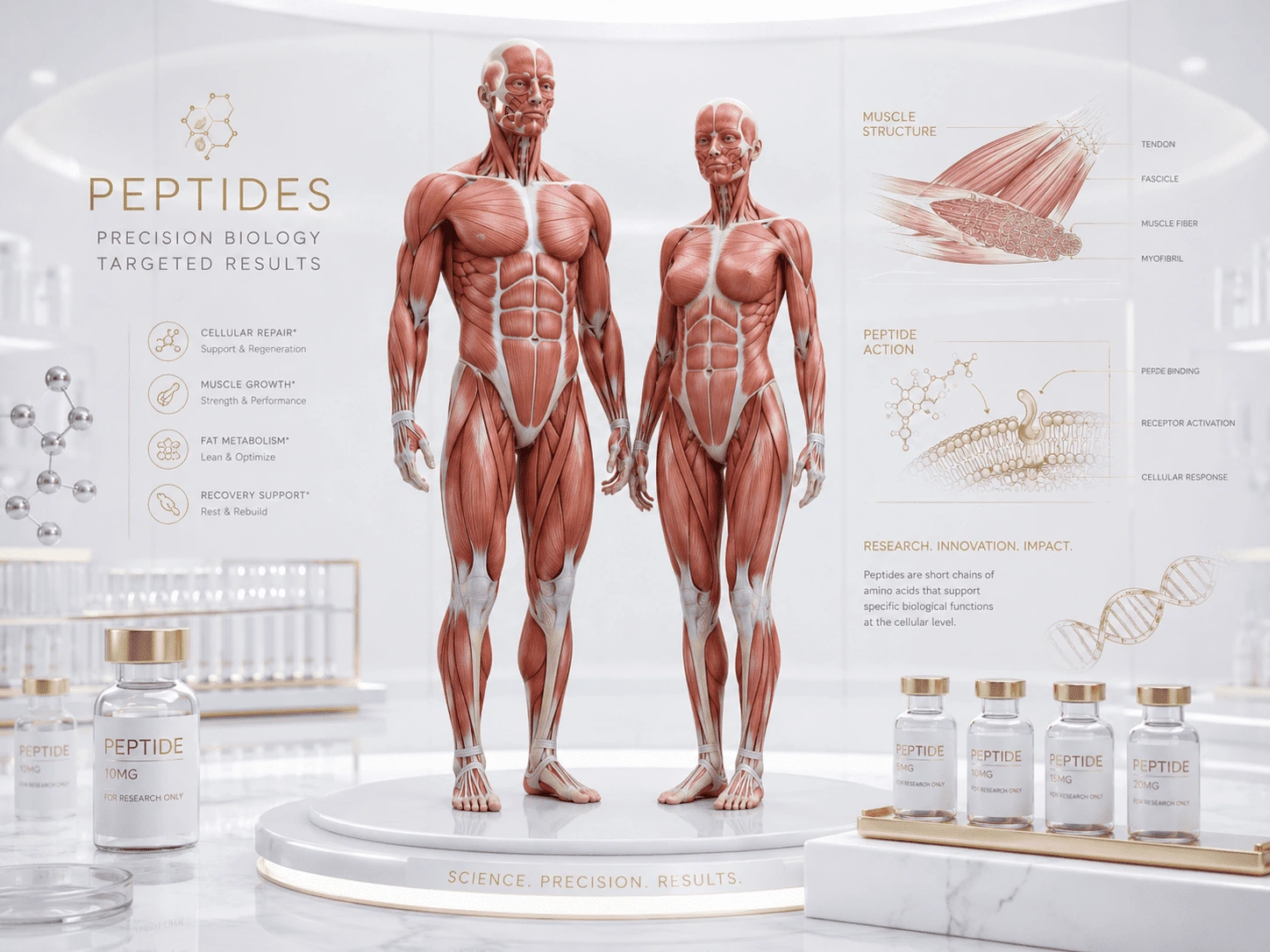 Full-body human anatomy model with DNA visualization in a research lab