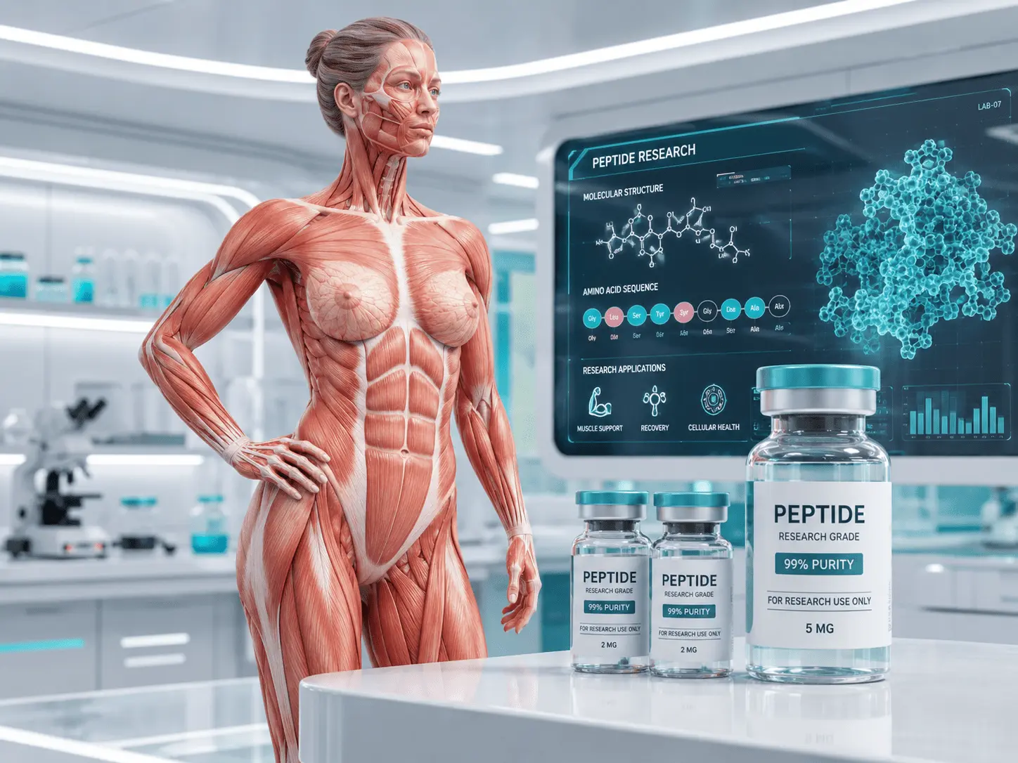 Female full-body anatomical model in a futuristic research environment